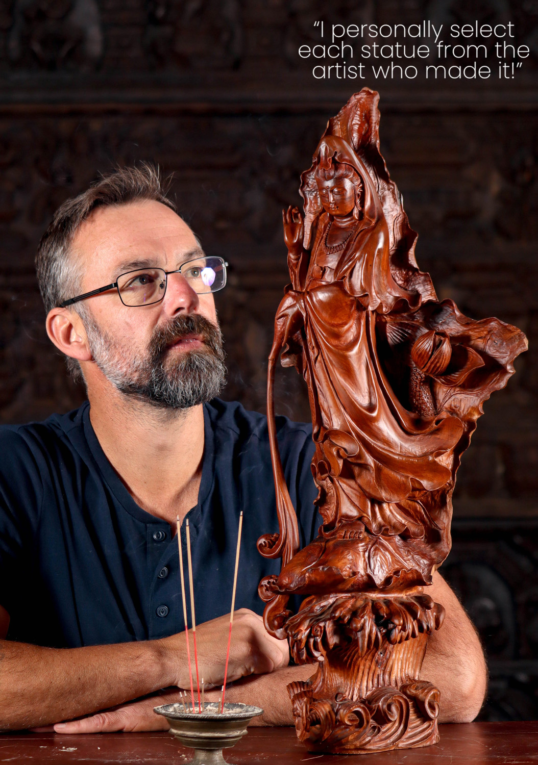 Kwan Yin Wood Sculpture - Bodhisattva of Compassion with Vase on Ocean Waves 27"